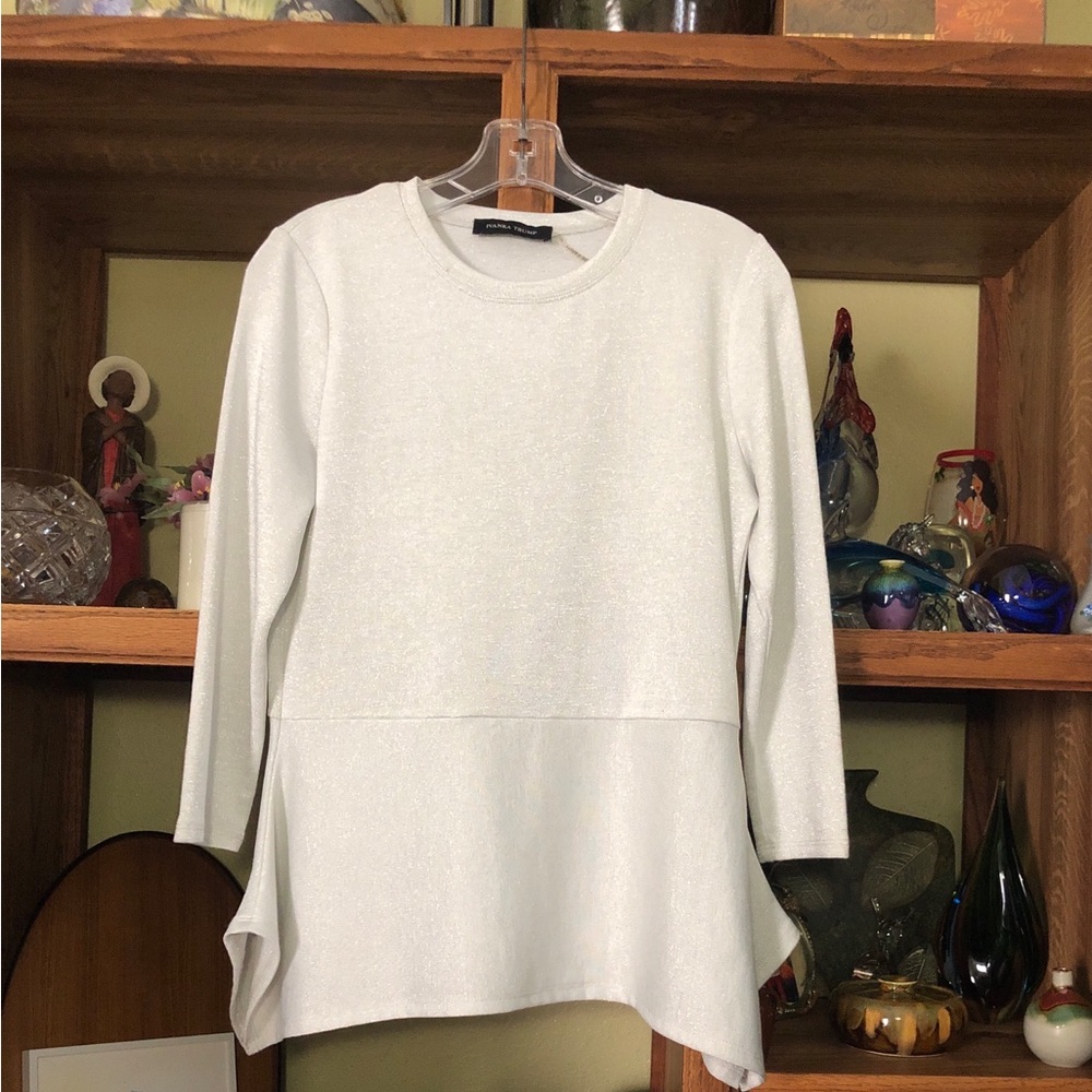 Ladies Ivanka Trump Pale Grey Shimmer Peplum-Style Long Sleeve Top